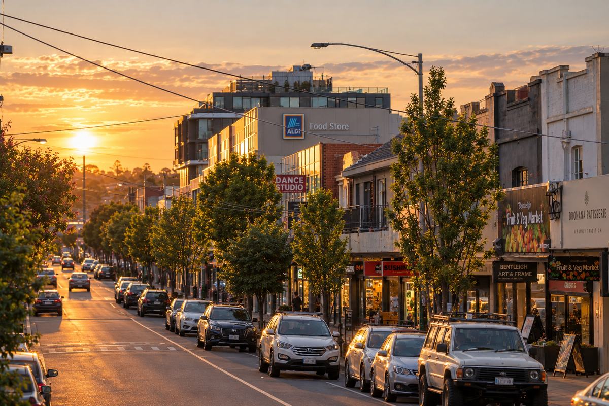 Shops and cafes along a Bentleigh shopping strip at sunset