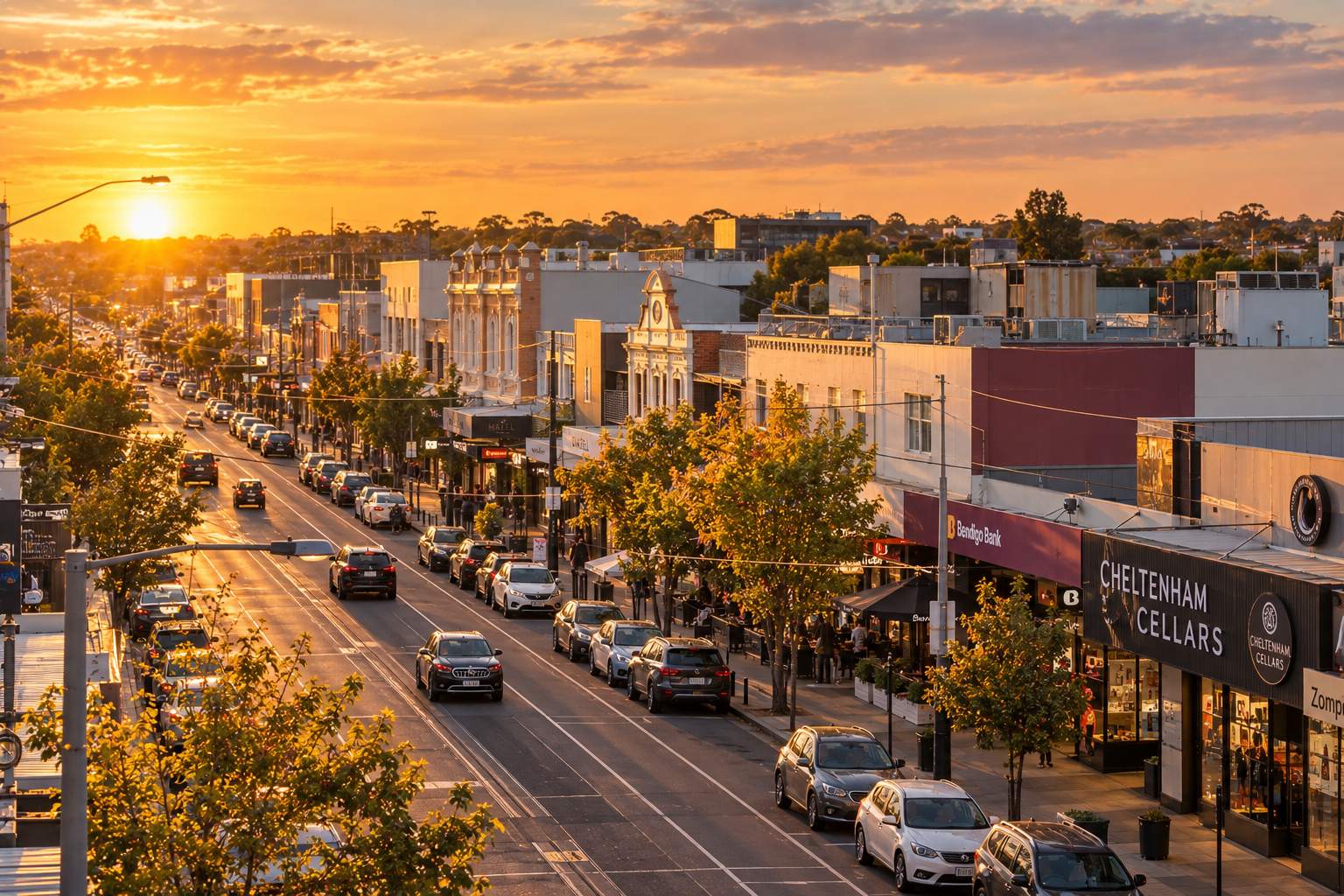 Rubbish removal Cheltenham VIC - sunset over the Cheltenham shopping strip, where we offer same-day junk removal